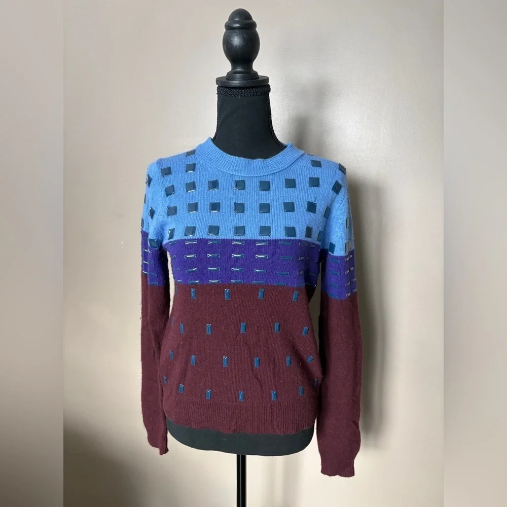 J. Crew black label color block embellished wool angora crew sweater sz S EUC